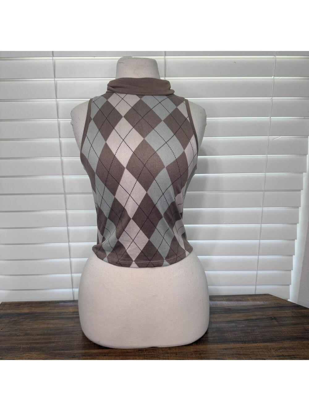 Rebellious Dreamer Women's Brown Argyle Turtleneck Top Size Small
